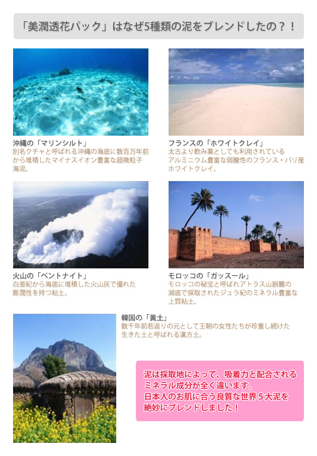 美潤透花パックはなぜ5種類の泥をブレンドしたの?